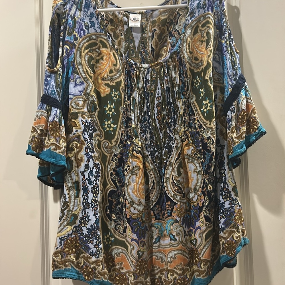 Bila Floral cold shoulder detail trim Top Blouse trumpet sleeves Boho Gauzy L